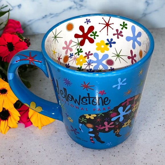 Souvenir Yellowstone National Park USA Coffee Mug Floral Moose Buffalo Retro - Picture 1 of 6